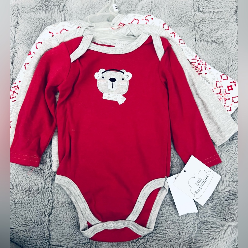 Baby 3-piece long sleeve bodysuits. New with tags. Red/ white